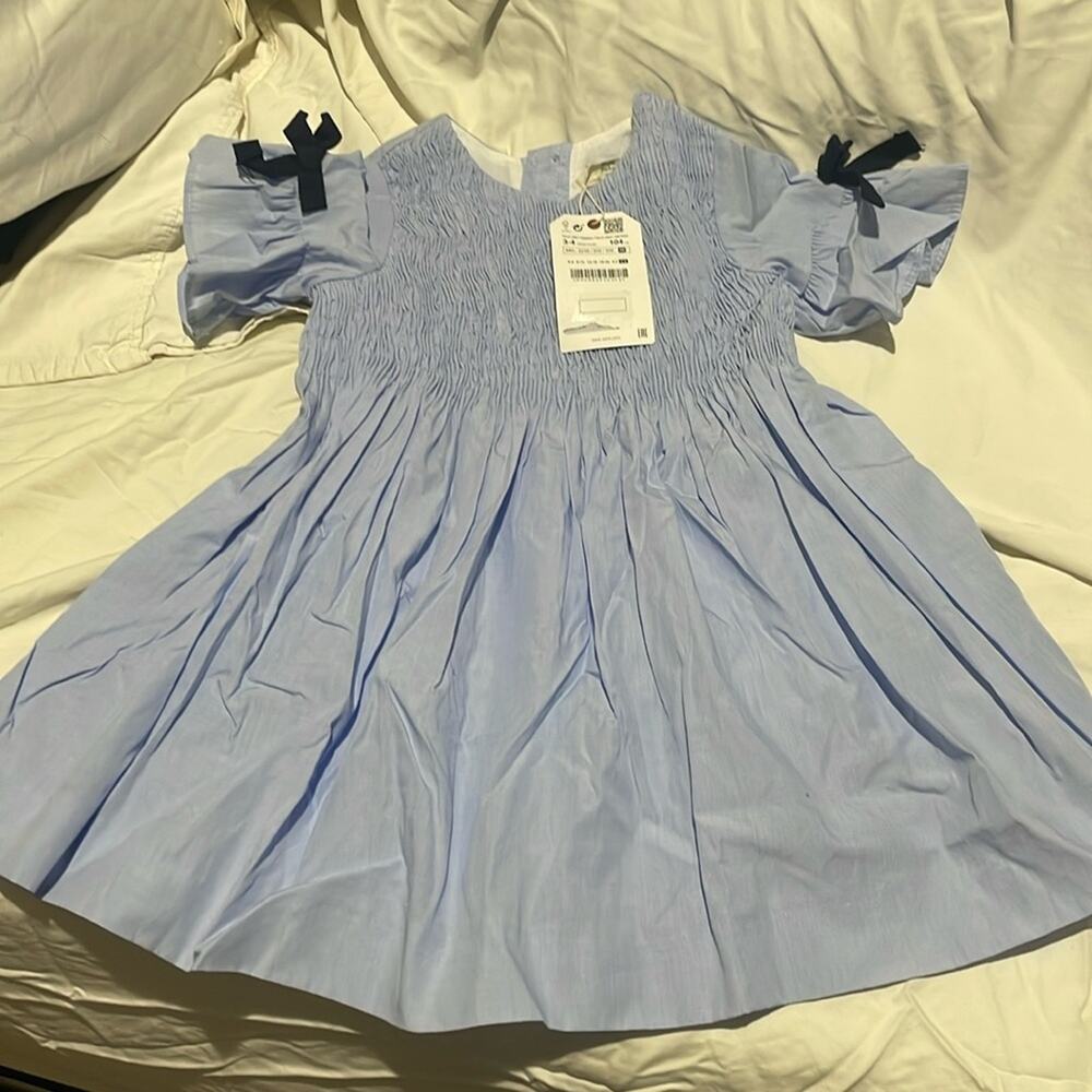 Zara 3/4 light blue dress nany blue bows on bell sleeves lined button up NWT